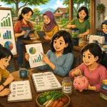 Mahasiswa KKN Unhas bersama perempuan Desa Biangloe membangun literasi keuangan, menguatkan ekonomi keluarga, mengelola risiko usaha, dan menumbuhkan kesejahteraan berkelanjutan melalui edukasi kolaboratif. (Ilustrasi: ChatGPT).